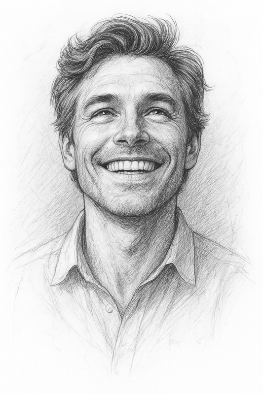 Soulmate portrait hand-drawn sketch of a smiling man, unique personalized drawing capturing intuitive energy.