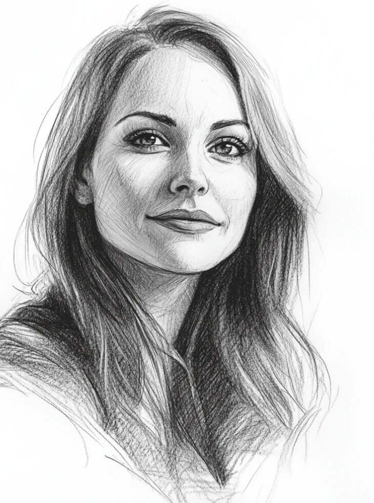 Soulmate portrait sketch of a woman with flowing hair and serene expression, hand-drawn personalized spiritual artwork.
