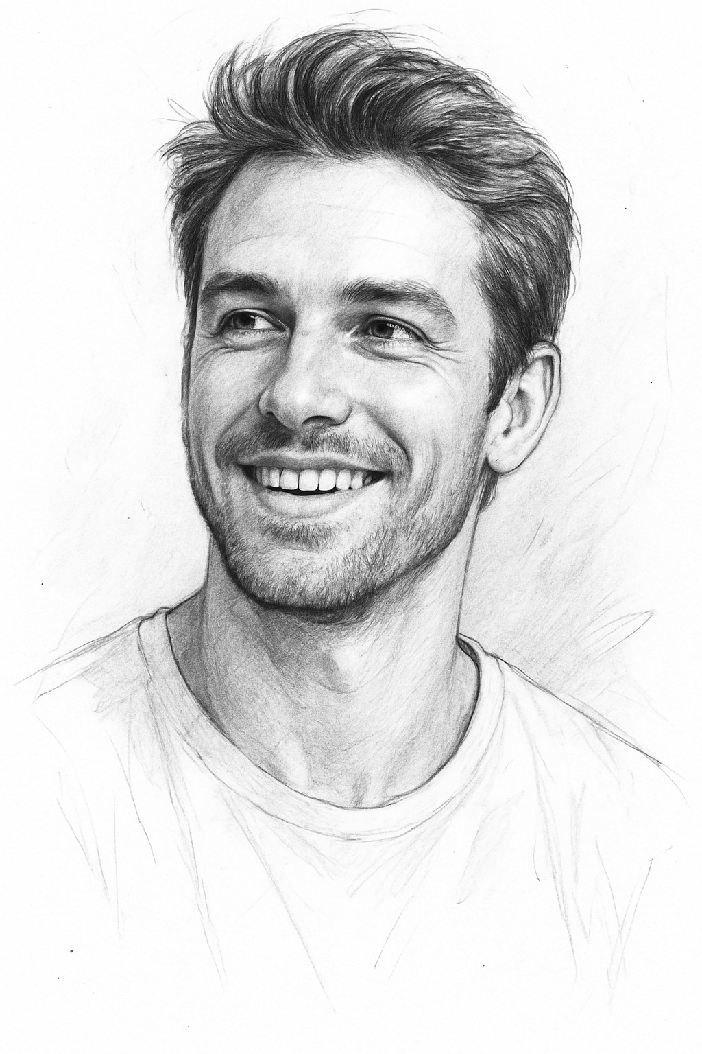 Personalized soulmate portrait drawing of a smiling man, hand-drawn sketch showing spiritual connection and energy.