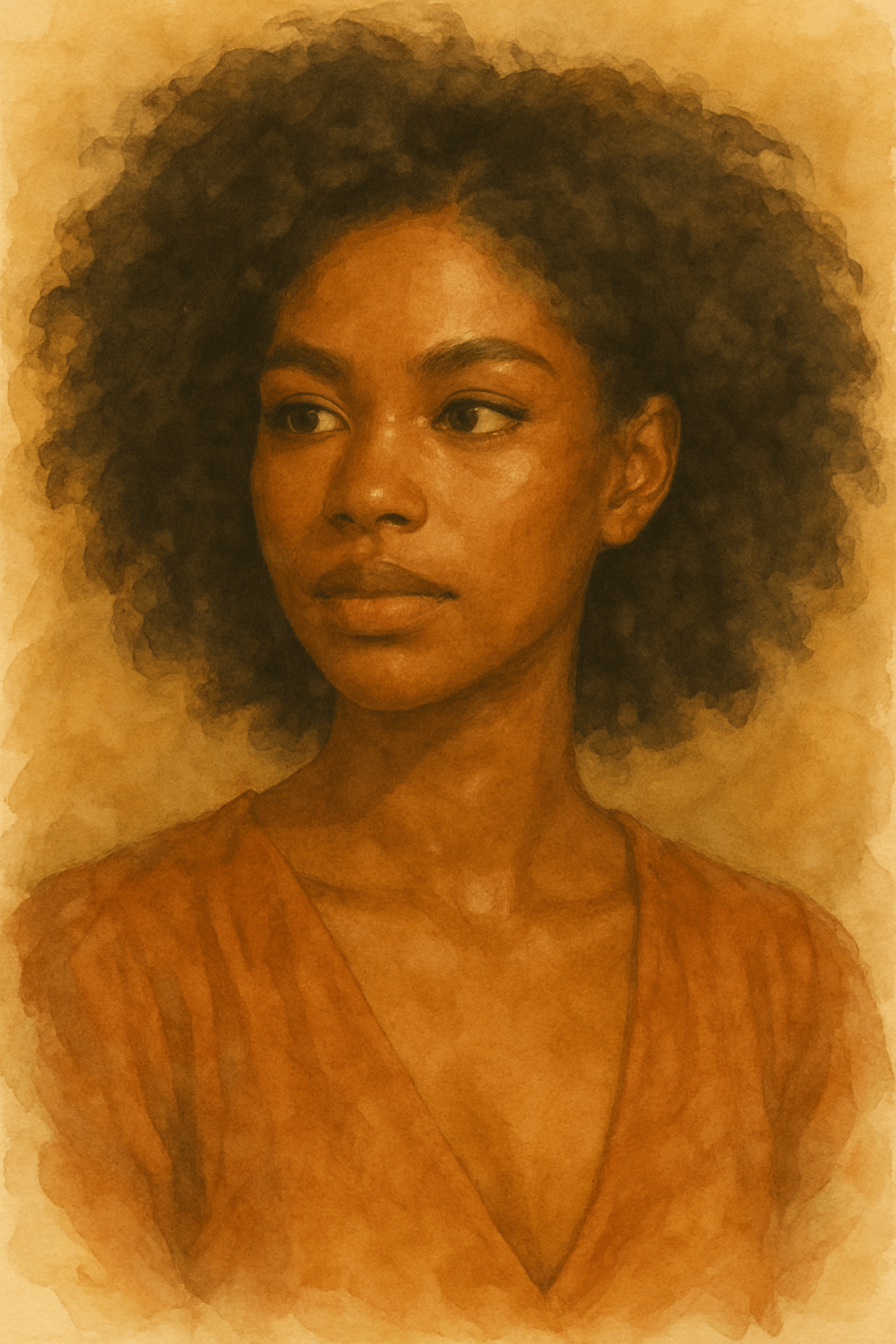 Coloured soulmate portrait drawing of a woman with curly hair and serene expression, showcasing intuitive energy.