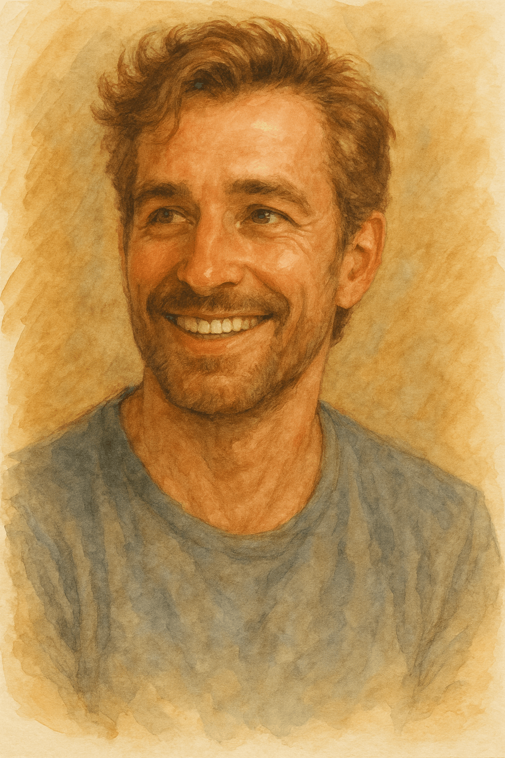 Coloured soulmate portrait illustration of a smiling man, unique personalized hand-drawn sketch for spiritual insight.