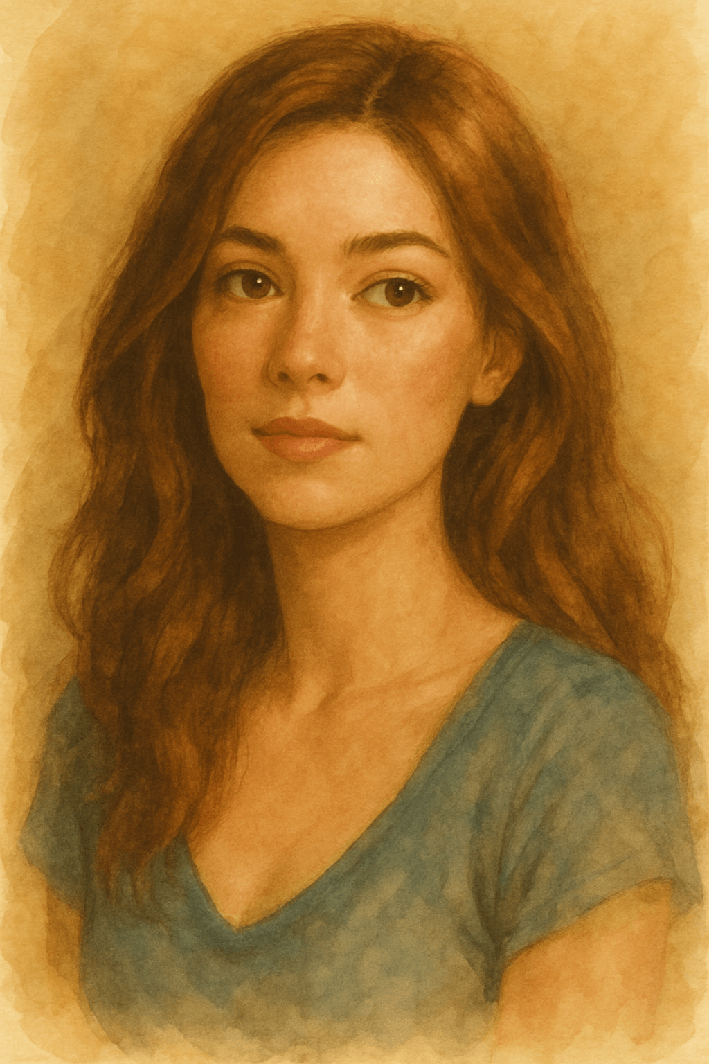 Coloured soulmate portrait sketch of a woman with long wavy hair and warm smile, personalized hand-drawn artwork.