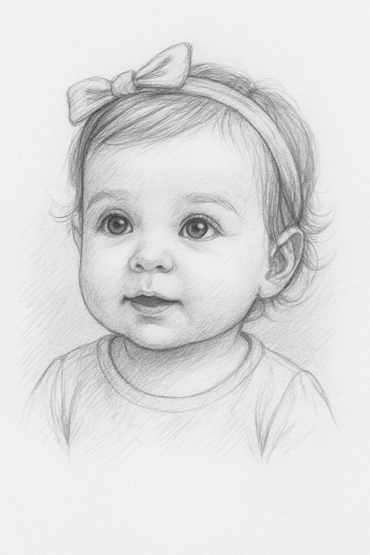 Hand-drawn future baby sketch portrait featuring a cute baby girl with a bow, illustrating tomorrow's smile.