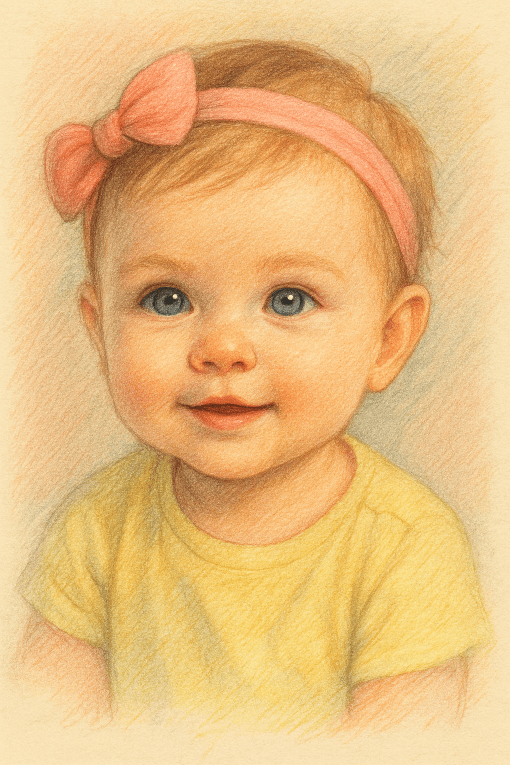 Hand-drawn Future Baby Sketch portrait of a smiling toddler with a pink bow, showcasing imaginative representation.