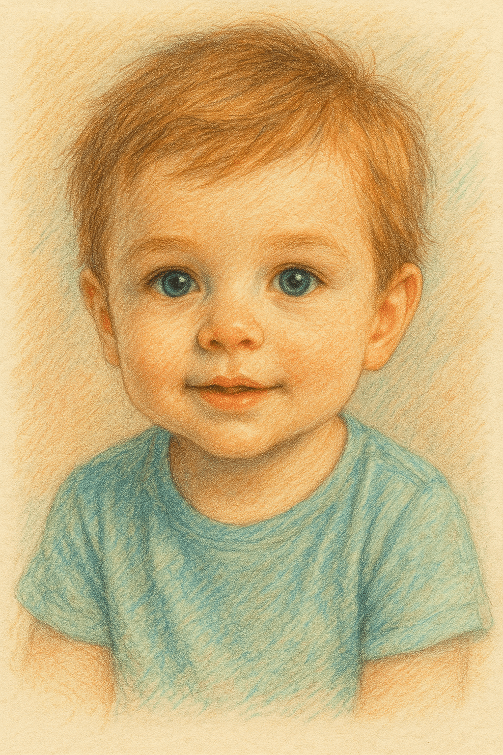 Hand-drawn digital Future Baby sketch featuring a smiling toddler with blue eyes and tousled hair.
