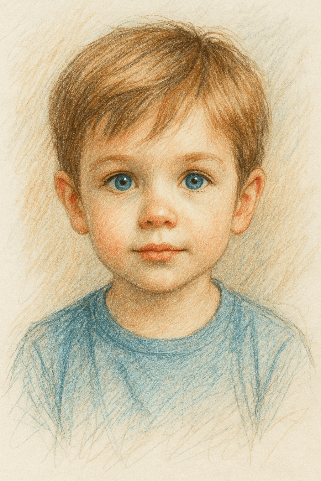 Future Baby Sketch portrait of a smiling child with blue eyes and light brown hair.