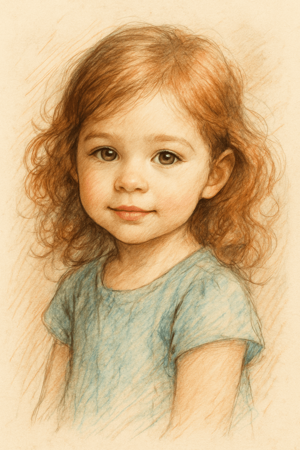 Future Baby Sketch portrait of a young girl with curly red hair and large expressive eyes.
