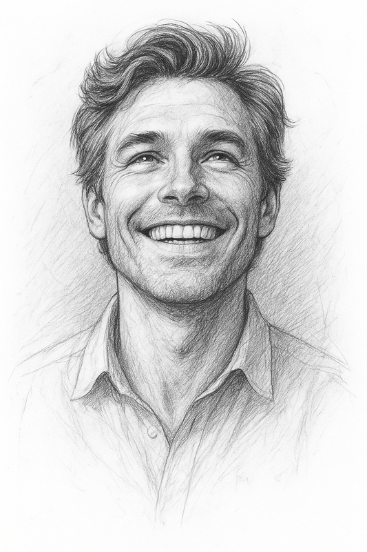 Soulmate portrait illustration of a smiling man, showcasing a unique hand-drawn style.