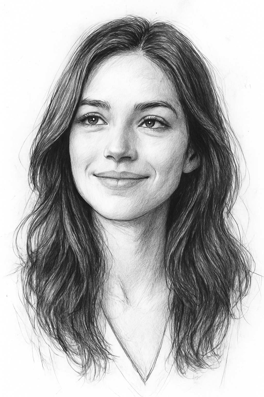 Hand-drawn soulmate portrait featuring a woman with long, wavy hair and a warm smile.