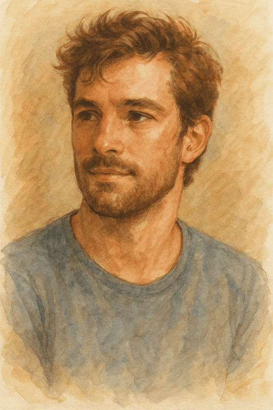 Hand-drawn coloured soulmate portrait of a smiling man, capturing intuitive energy and spiritual connection.