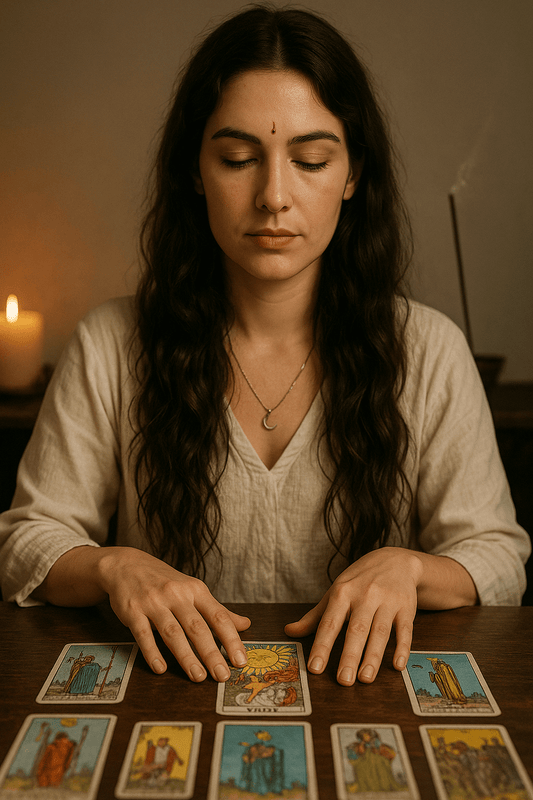 Yes or No tarot reading by Selene with cards on table, hand-drawn mystical scene for fast psychic answers.