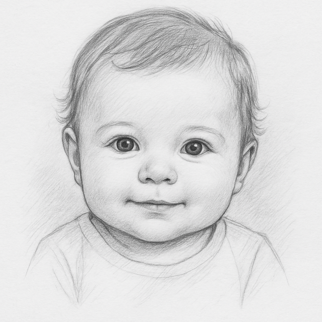 Future Baby Sketch - hand-drawn portrait of a smiling baby, embodying a glimpse of tomorrow's child.